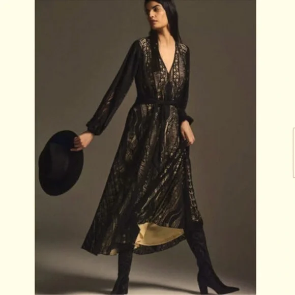 Farm Rio Anthropologie Medium Devore Fringed Maxi Dress Crochet Lace Black - Picture 2 of 15